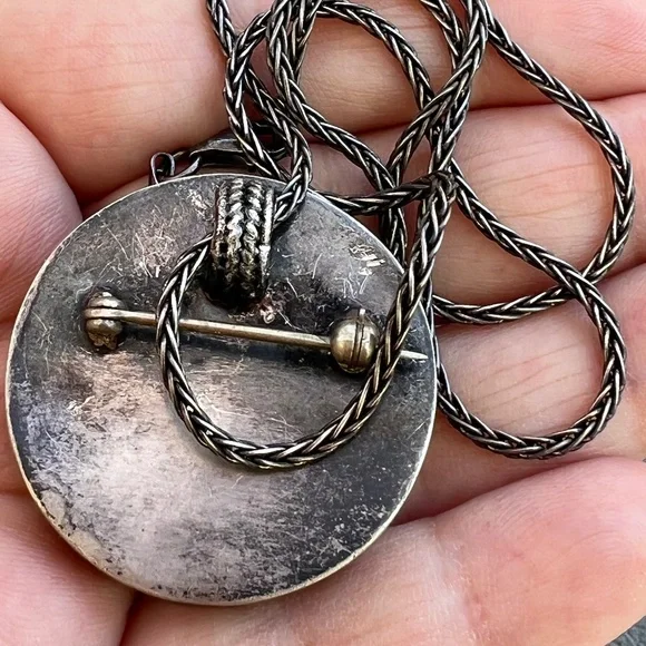 VINTAGE 925 STERLING ARTISAN PENDANT CHAI NECKLACE GEMSTONES INLAID PIN BROOCH - Picture 8 of 16